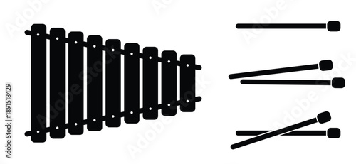 Xylophone, childrens instrument with sticks. For child playing with xylophone. Musical instruments, reativity leisure talent for kids. Home education. Piano toy.