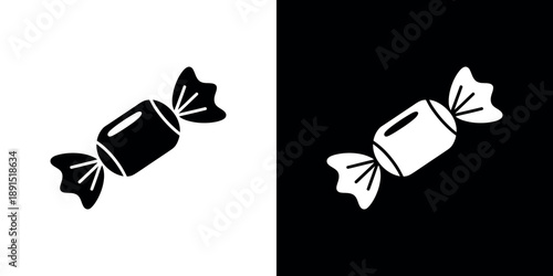 A black and white illustration depicting a wrapped candy on contrasting backgrounds