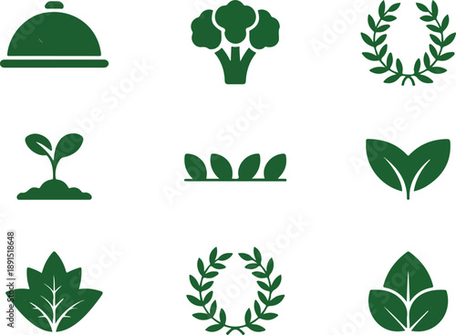 Green nature icons set with leaves, plants and eco symbols for organic branding, sustainability, wellness, environment and botanical themes