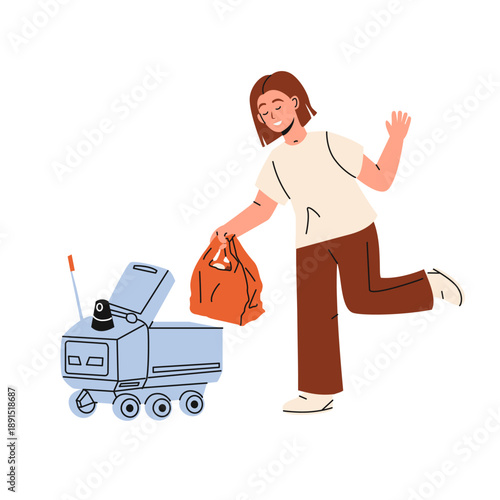 Woman rejoices at receiving package delivery by robot courier. Targeted delivery from online store concept. futuristic autonomous vehicle concept, modern technology. For banner, poster, ads