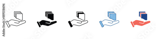 Versatile vector icon collection showing a hand holding or exchanging abstract blocks, symbolizing data transfer, digital services, and information management