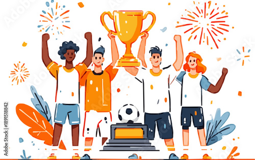 Soccer team celebrating championship with trophy and fireworks