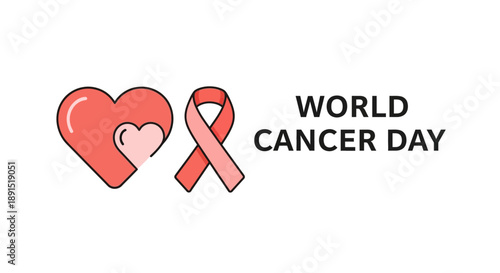Illustration of World Cancer Day symbol with pink ribbon and red heart representing awareness and support for cancer patients