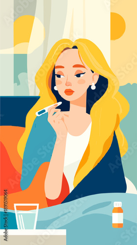 Young woman feeling unwell and checking temperature in bed