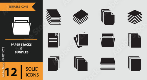 A comprehensive set of 12 solid editable icons featuring various paper stacks, documents, and bundles for design projects