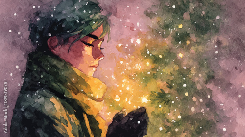 Woman finding peace in winter christmas lights