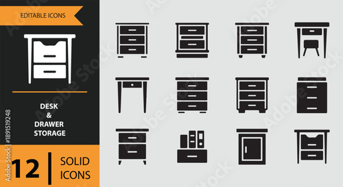 Solid icon set featuring desks, drawers, and various storage furniture designs for offices and homes