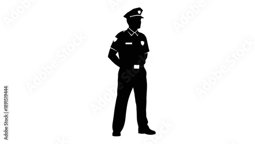 Silhouette of a police officer standing confidently with hands on hips.