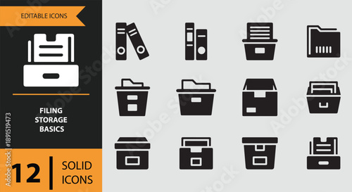 Filing storage basics: a collection of 12 solid editable icons for organizing documents