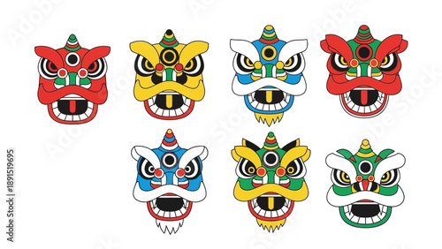 Colorful Lion Dance Heads Collection, Chinese New Year Celebration Icons
