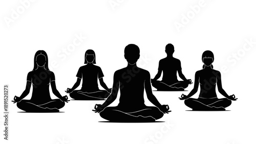 Silhouette of people meditating in lotus position for wellness.