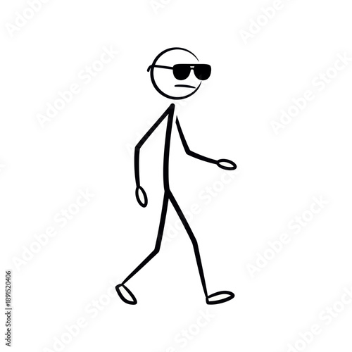 Stick figure man walking with sunglasses.