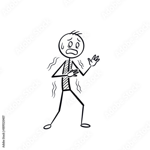 Stick figure man feeling unwell and sweating.