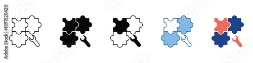 Icon collection showing puzzle pieces and a wrench, representing system setup, problem-solving, and technical solutions for integration and optimization
