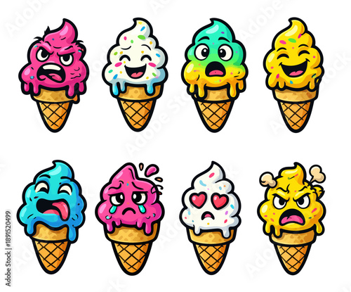 Ice Cream Cone Emoji Icons Set – 8 Cartoon Characters.
Expressive dessert characters with different emotions, melting textures, and bright flavors.