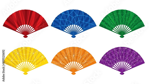 Colorful Traditional Japanese Fans Collection Isolated on White Background