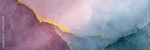 Piece of art with a pink and blue background and gold accents