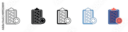 Clean vector icons showing a document or task list with a refresh arrow, symbolizing data update, synchronization, or reload functionality for modern digital applications