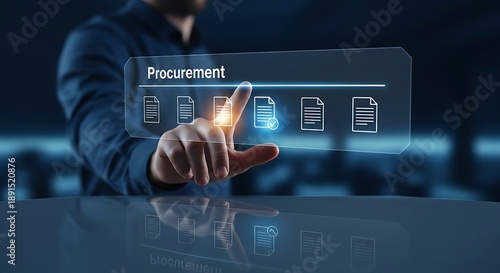 Businessman interacting with procurement documents on futuristic interface
