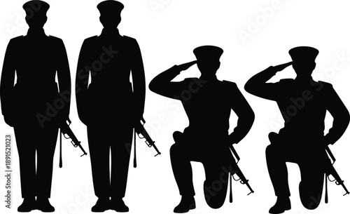 Military Soldier Silhouette Icon Set – Saluting, Rifle, and Honor Poses