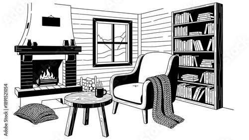 Cozy Living Room Scene with Fireplace, Armchair, and Bookshelf - Black and White Illustration