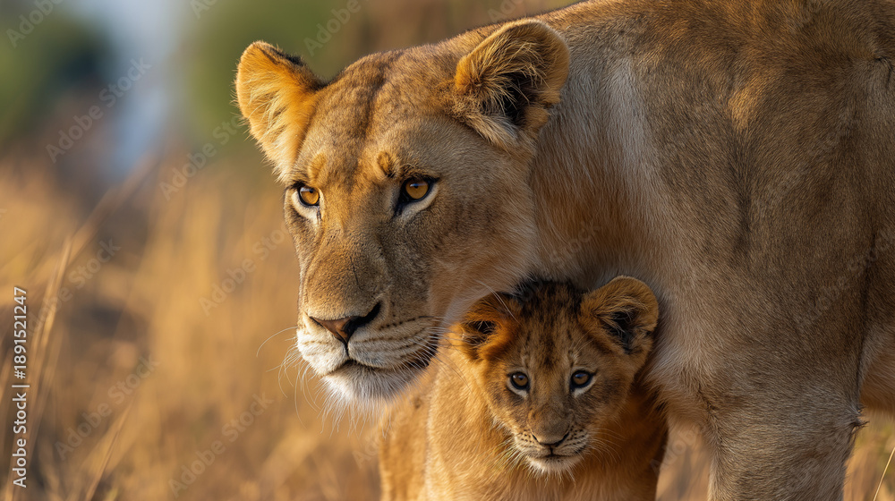 Fototapeta premium Lioness and cub gazing intently in tall grass during sunset 