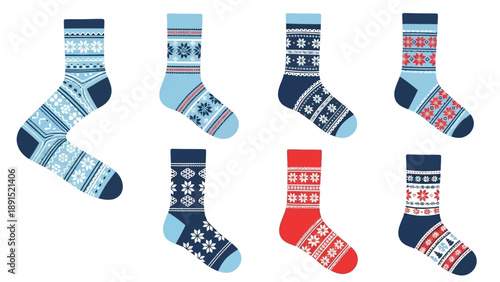 Cozy Winter Socks Collection: Festive Patterns in Blue, Red, and White