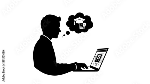 Silhouette of a man thinking about graduation while using laptop.