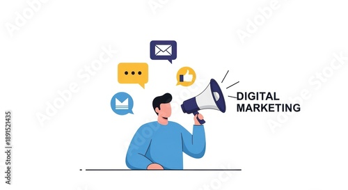Wallpaper Mural Man holding megaphone announcing digital marketing strategy and online promotion Torontodigital.ca