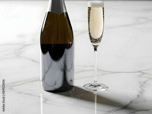 Champagne bottle and flute on marble surface with transparency