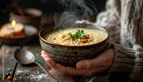 Close Up Of Hands Holding Warm Hearty Soup In A Rustic Bowl With Steam Rising On A Cozy Winter Day With Bread And Candle In The Background