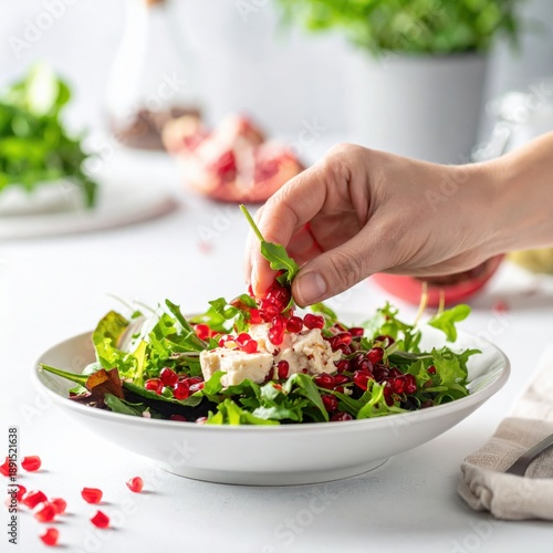 Close Up of Hand Adding Fresh Greens to a Vibrant Salad with Feta Cheese and Pomegranate Seeds on a White Table