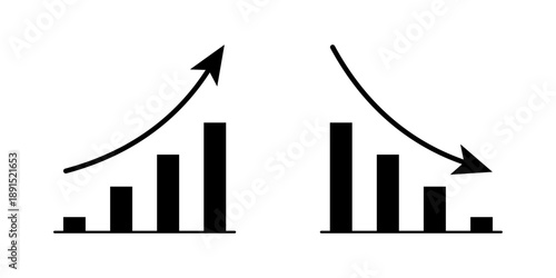Representing business growth and decline with simple bar charts and directional arrows. Icon Set. Vector