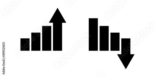 Growth and decline bar charts with up and down arrows illustrating trend changes. Icon Set. Vector