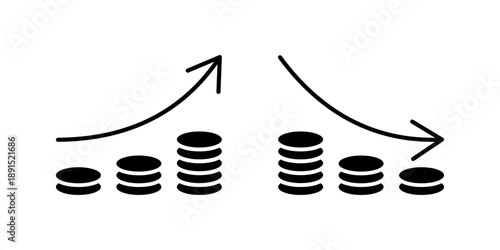 Financial growth and decline represented by stacked coins with upward and downward arrows. Icon Set. Vector
