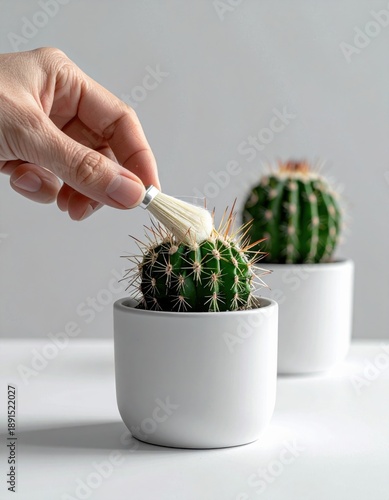 A human hand carefully places a white fluffy sprout onto the top of a green cactus in a white pot with a soft gray background