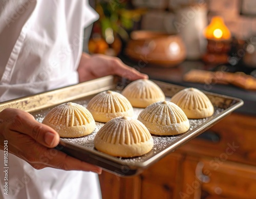 Baker Holds Tray With Six Baked Cookies Dusted With Powdered Sugar In Kitchen With Warm Lighting