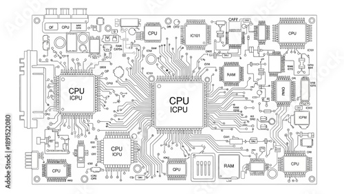 Detailed Circuit Board with CPUs, Microchips, and Connections - Technology Concept