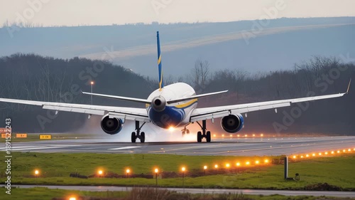 Airplane taking off on runway with lights on a foggy day