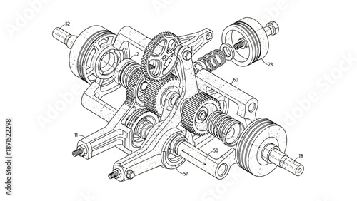 Detailed Mechanical Engineering Blueprint of a Complex Gearbox Mechanism