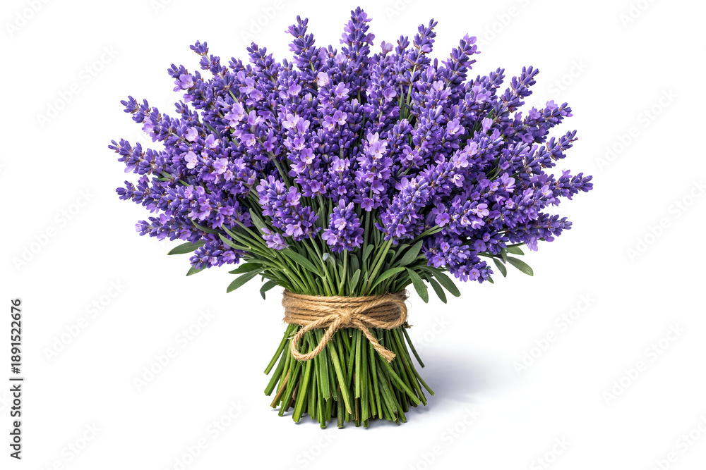 Fototapeta premium beautiful bouquet of purple lavender flowers tied with twine isolated on white
