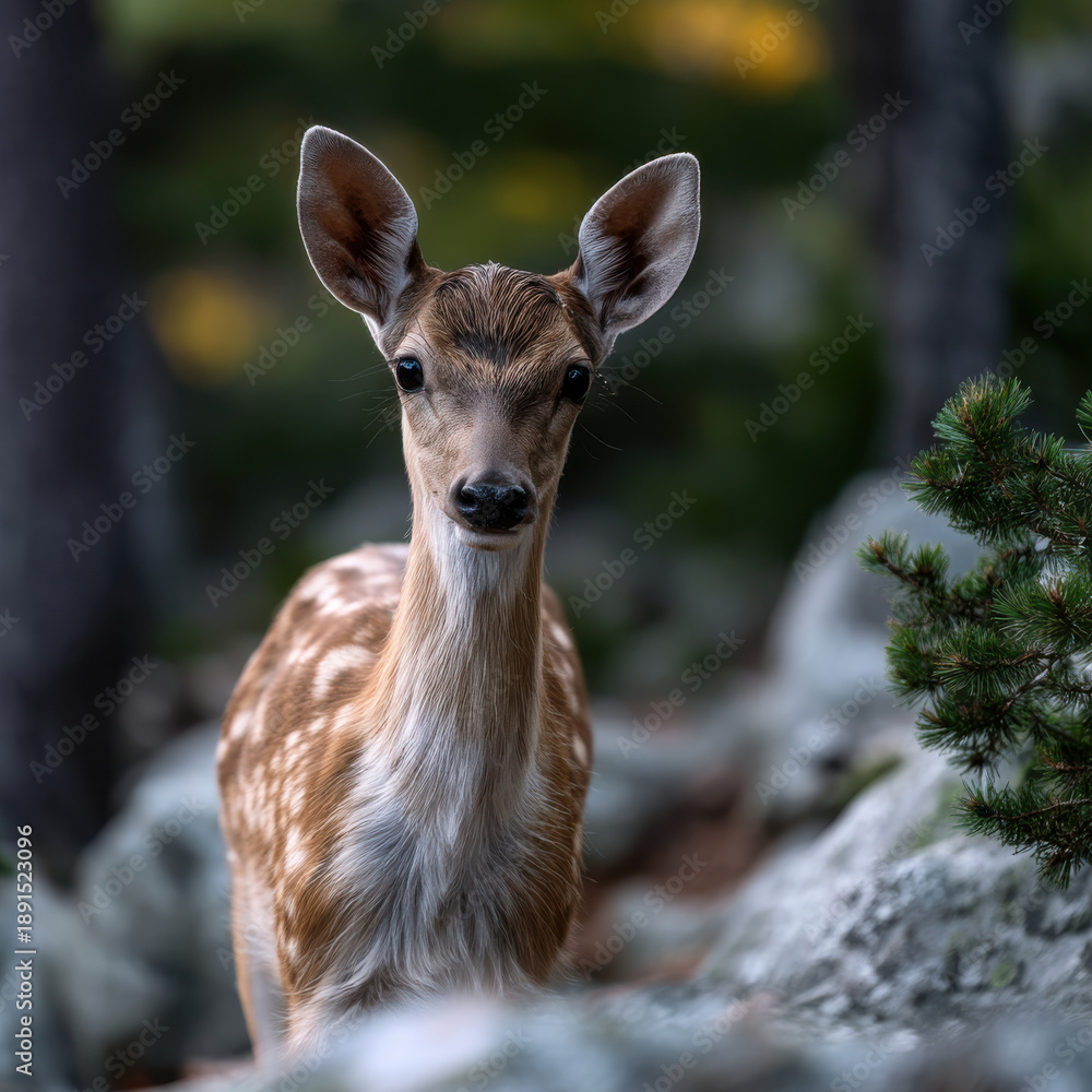 Fototapeta premium Fawn woods dawn forest wildlife nature young animal peaceful alert brown white fur outdoors trees rocks green natural mammal serene wild woodland