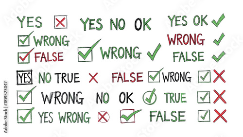 Decision Icons: A collection of handwritten 'Yes', 'No', 'Ok', 'True', and 'False' check marks and crosses, showcasing diverse options for making choices.