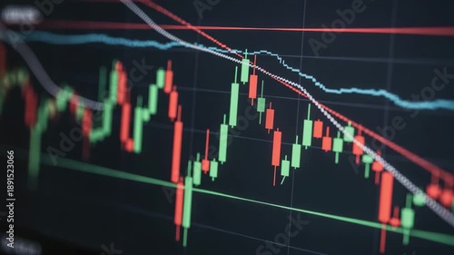 Stock market graph showing fluctuating trends with red and green candlesticks
