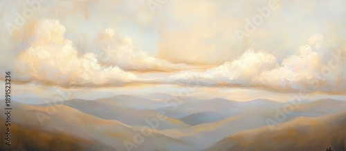 Ethereal Mountain Vista with Softly Lit Cumulus Clouds in a Textured Oil Painting