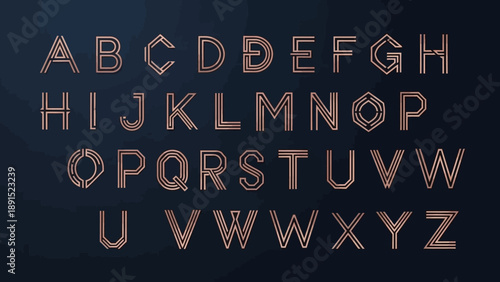 Elegant Copper Alphabet Letters A-Z, Art Deco Font, Geometric Design, Dark Background