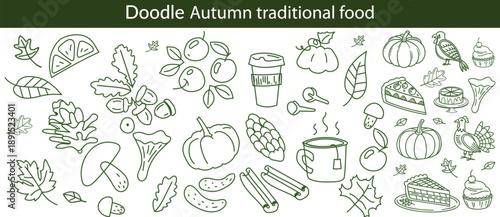 Autumn traditional food icon, thanksgiving day holiday table hand drawn doodle line illustration set. Harvest fall pumpkin, celebration turkey, dessert pie, November eatery design element. Autumn food