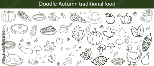 Autumn traditional food icon, thanksgiving day holiday table hand drawn doodle line illustration set. Harvest fall pumpkin, celebration turkey, dessert pie, November eatery design element. Autumn food