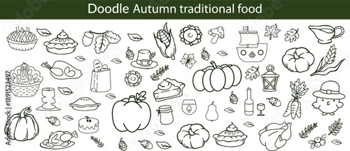Autumn traditional food icon, thanksgiving day holiday table hand drawn doodle line illustration set. Harvest fall pumpkin, celebration turkey, dessert pie, November eatery design element. Autumn food
