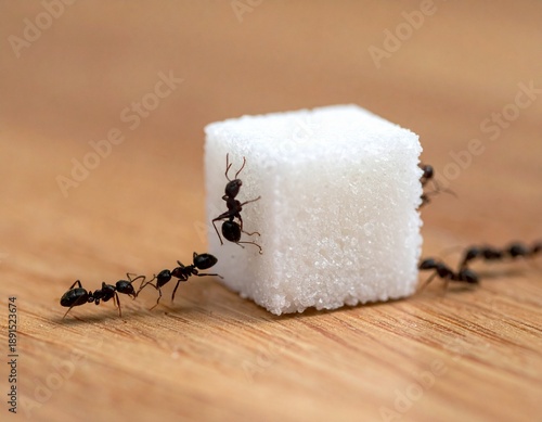Ants and Cube of Sugar: A close-up shot captures ants swarming around a sugar cube on a wooden surface, highlighting the teamwork and natural interest.